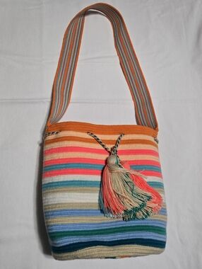 Wayuu Mochila Colombian Multicolor Floral Striped Hand Woven Bucket Bag
